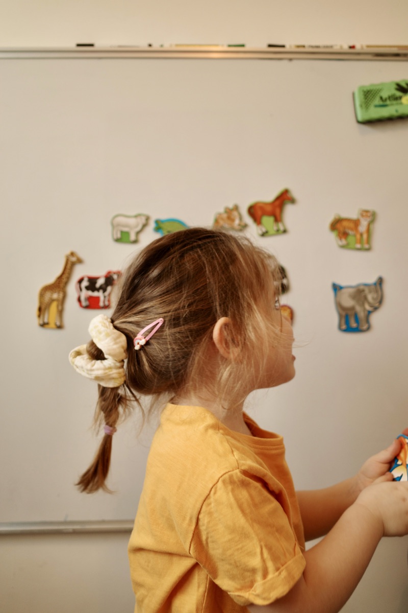 ילדה משחקת עם מדבקות בעלי חיים בקליניקה